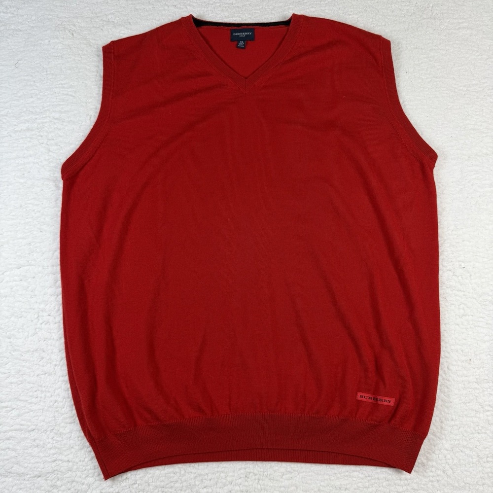 Burberry Golf Mens XL Sweater Vest Red 100% Merino Wool V Neck Czech Republic